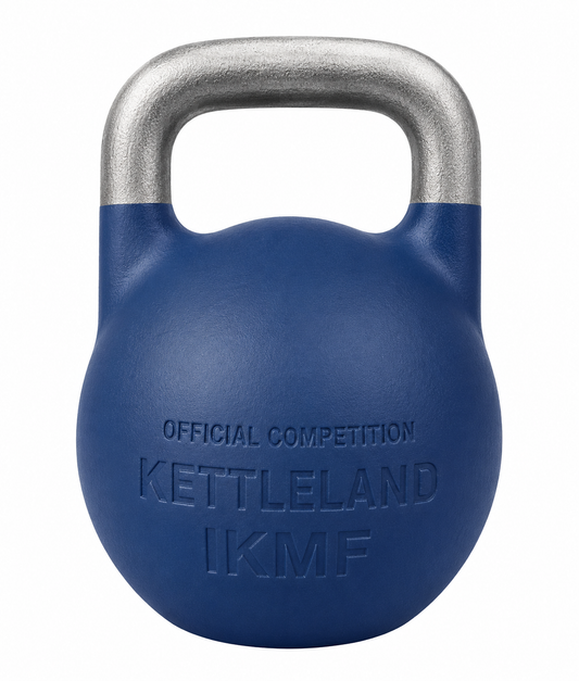 Kettlebell IKMF Edición Especial 12 kg azul Kettleland con asa pulida a mano, acero sólido y hollow inferior visible