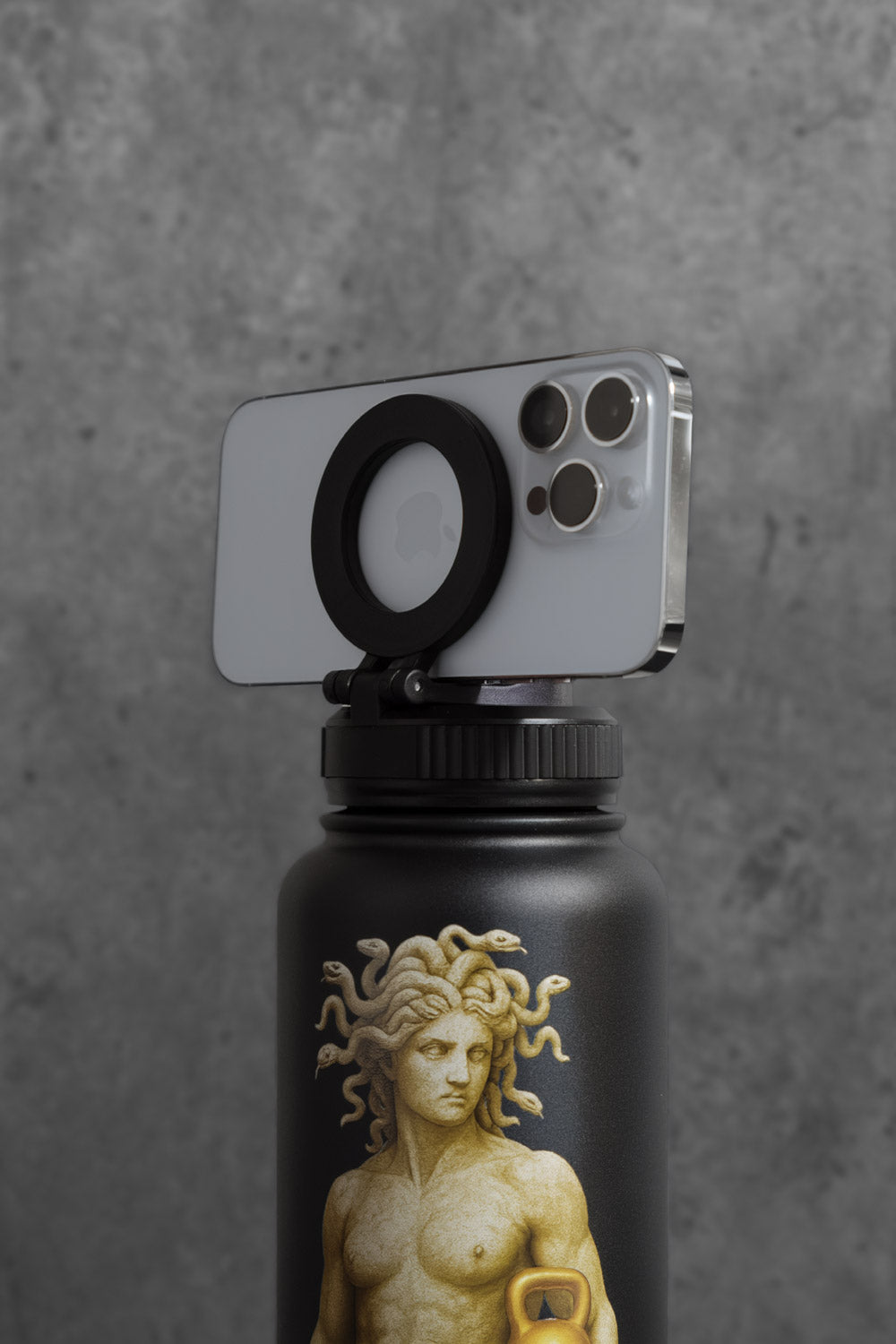 Stainless steel sports bottle with mobile phone holder – Laser engraved